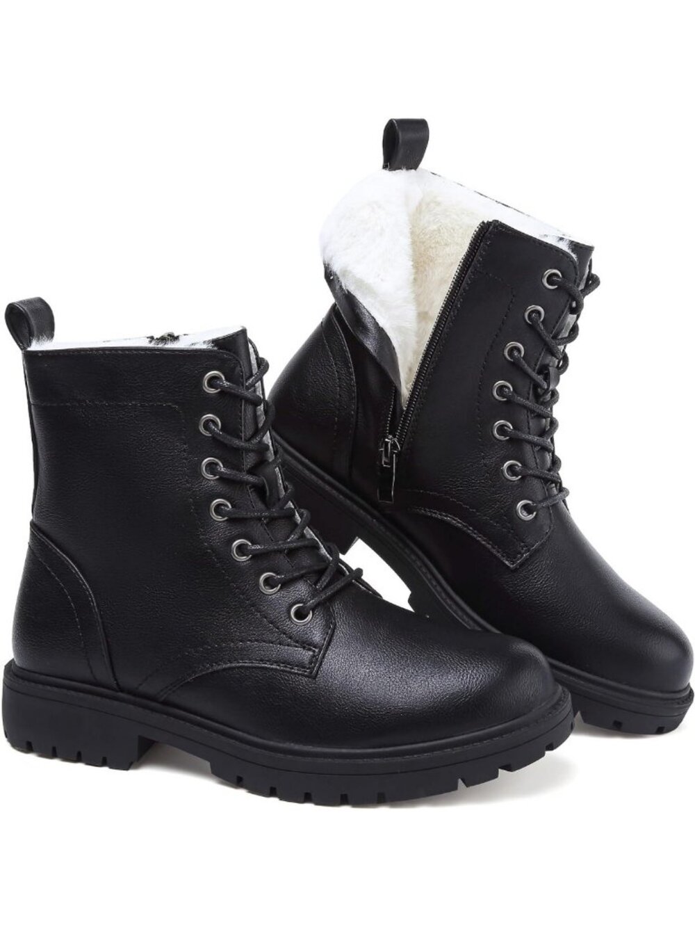 Fur Lined Women's Combat Winter Boots - Lace Up Side Zip Snow Booties